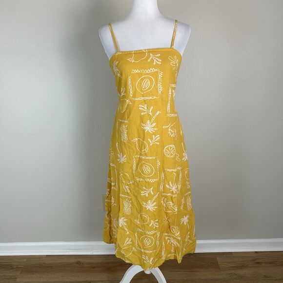Japna Dresses & Skirts - Japna M Dress Yellow Linen Framed Fruit Tropical Vacation Resort Beach Coastal